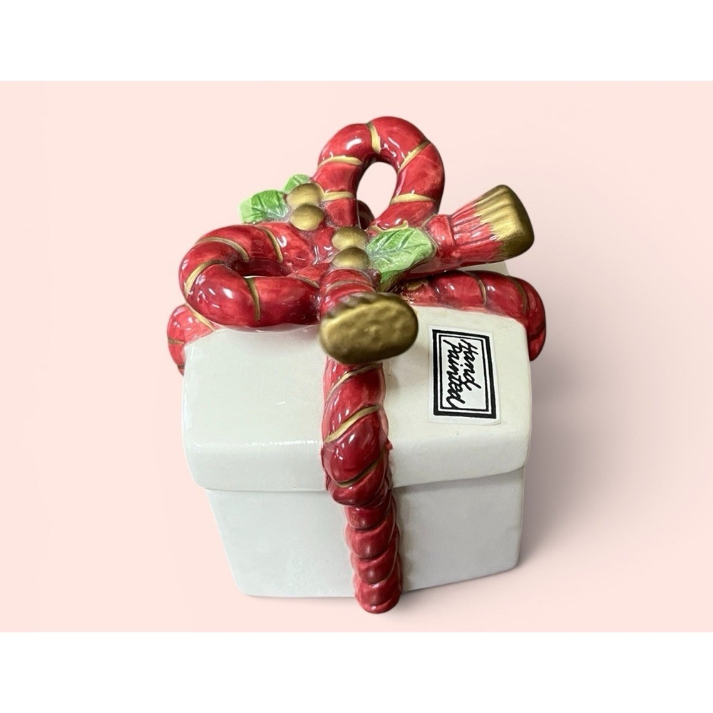 Fitz & Floyd 1988 Christmas Present Gift Ribbon Box Holly Trinket Treasure Box